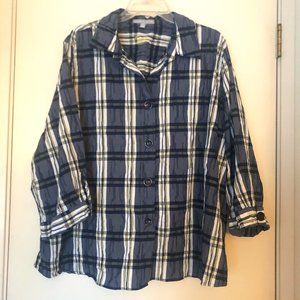Foxcroft Blue White w/Yellow Plaid easy care button shirt 24W